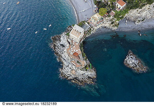 Italy  Campania  Erchie  Aerial view of La Torre Cerniola tower