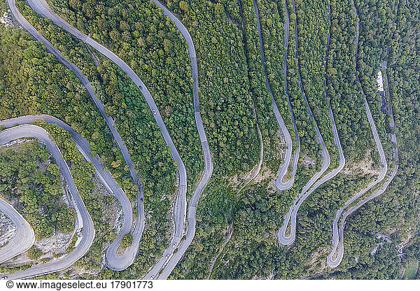 Italy  Campania  Mercogliano  Aerial view of winding road in Montevergine massif