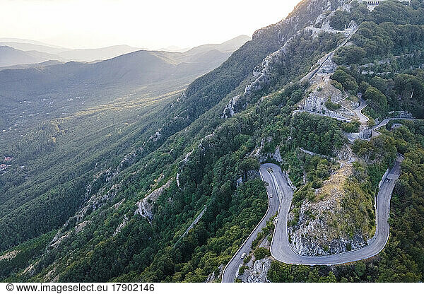 Italy  Campania  Mercogliano  Aerial view of winding road in Montevergine massif
