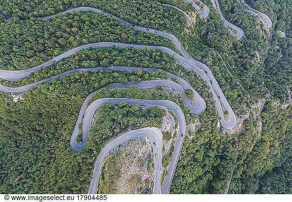 Italy  Campania  Mercogliano  Aerial view of winding road in Montevergine massif