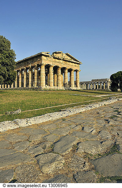 Italy  Campania  National Park of Cilento and Vallo di Diano  listed as World Heritage by UNESCO  archeological site of Paestum  Neptune temple and basilica