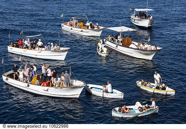Italy  Capri  boat with tourists waiting before Blue Grotto