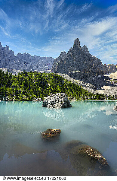 Italy  Dolomites  Veneto  Mount Sorapis towering over Lake Sorapis