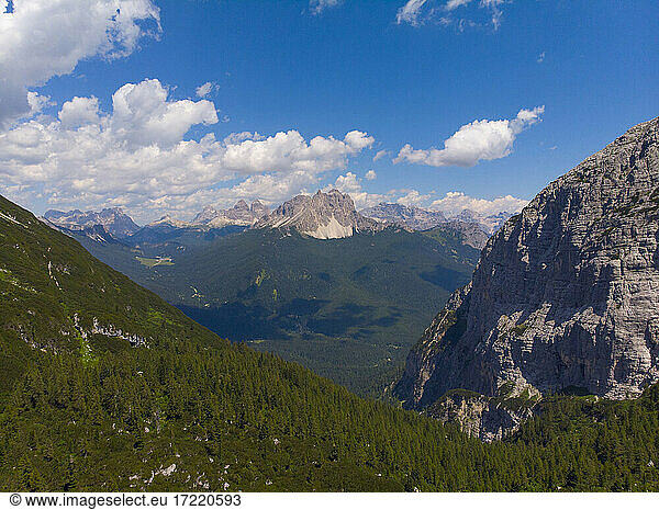 Italy  Dolomites  Veneto  Tre Cime di Lavaredo and Cadini di Misurina seen from Lake Sorapis in summer