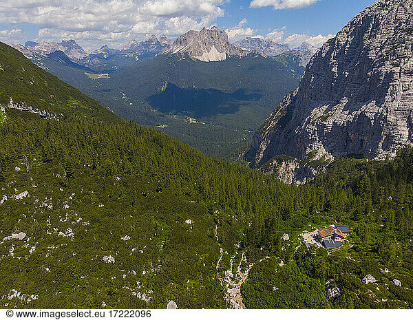 Italy  Dolomites  Veneto  Tre Cime di Lavaredo  Cadini di Misurina and Vandelli mountain hut seen from Lake Sorapis in summer