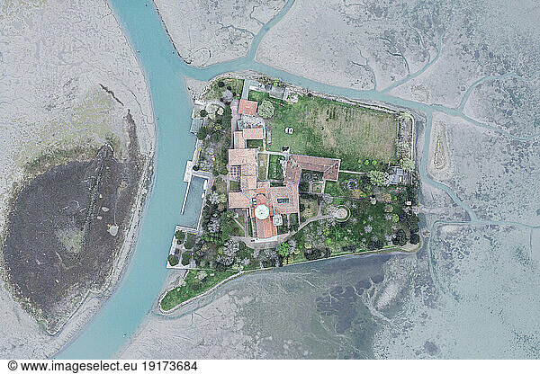 Italy  Friuli Venezia Giulia  Aerial view of Barbana island and Santuario di Barbana