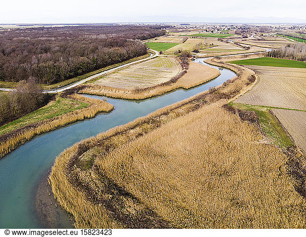 Italy Friuli Venezia Giulia Marano Aerial view of Venetian Lagoon and countryside fields in autumn