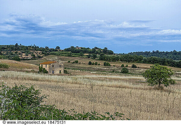 Italy  Lazio  Lone rural house surrounded by grassy field at dusk