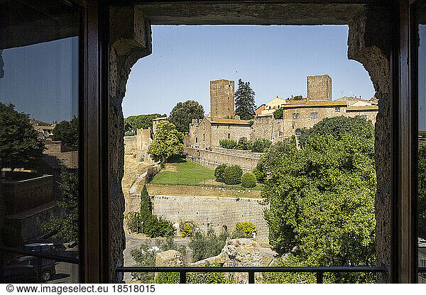 Italy  Lazio  Tuscania  Torre di Lavello seen through window