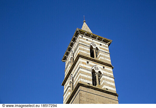 Italy  Lazio  Viterbo  Bell tower of Chiesa di San Giovanni Battista degli Almadiani standing against clear blue sky