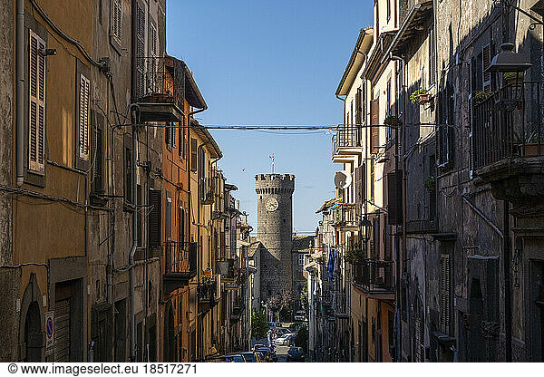 Italy  Lazio  Viterbo  Rows of houses with tower of Palazzo Ducale o delle Logge in background