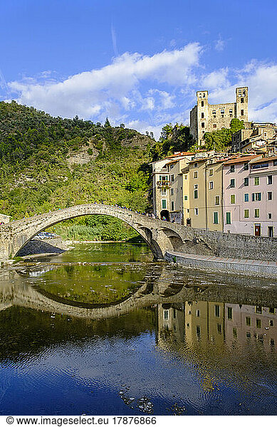Italy  Liguria  Dolceacqua  Ponte Vecchio arch bridge over river Nervia