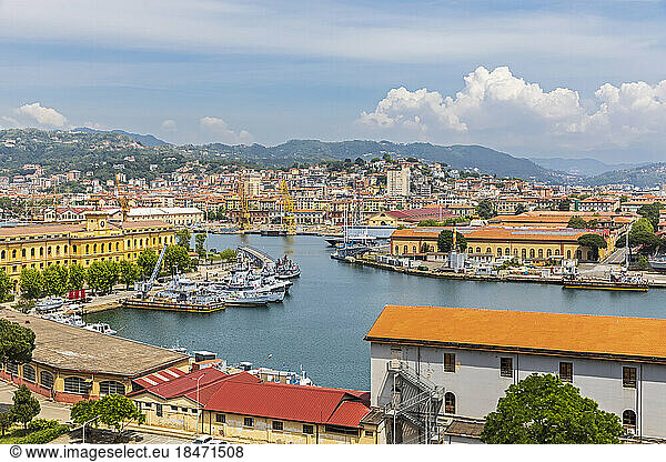 Italy  Liguria  La Spezia  View of coastal city in summer