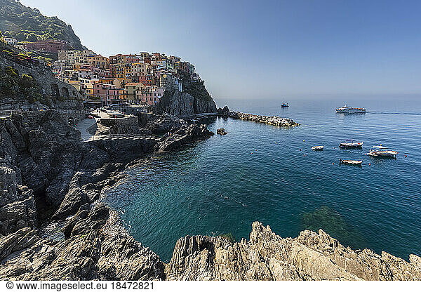 Italy  Liguria  Manarola  View of historic village along Cinque Terre