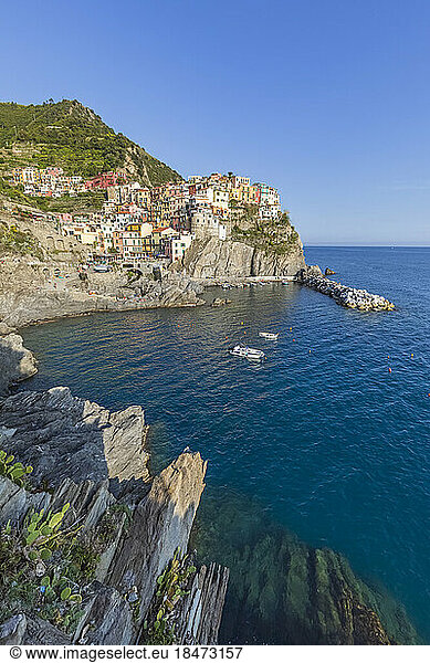 Italy  Liguria  Manarola  View of historic village along Cinque Terre