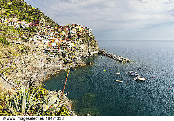 Italy  Liguria  Manarola  View of historic village along Cinque Terre