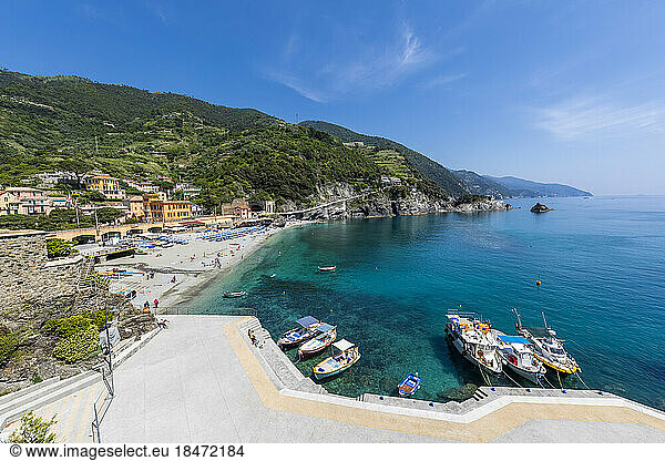 Italy  Liguria  Monterosso al Mare  Edge of coastal town along Cinque Terre in summer