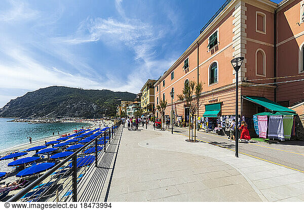 Italy  Liguria  Monterosso al Mare  Promenade of coastal town along Cinque Terre