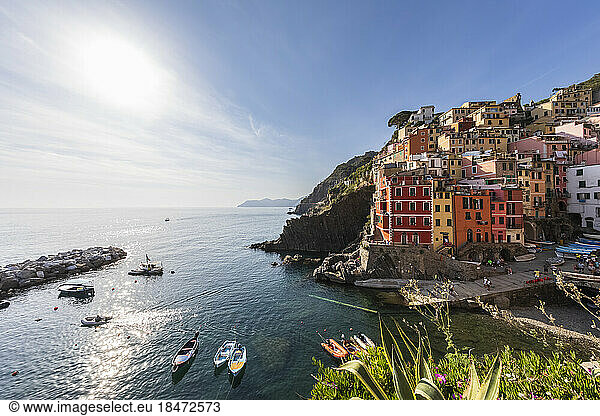 Italy  Liguria  Riomaggiore  Edge of coastal town along Cinque Terre