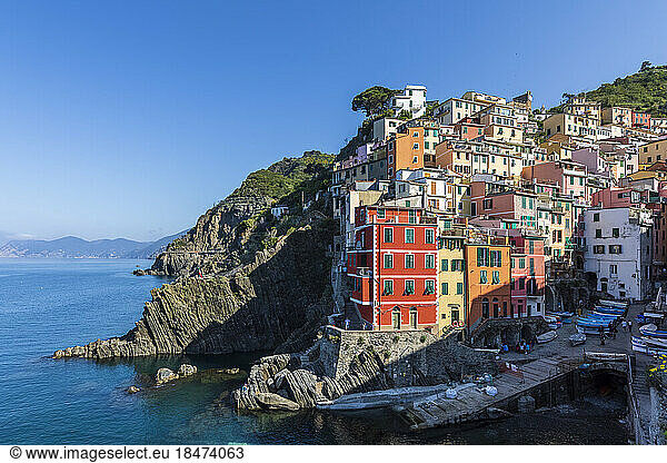 Italy  Liguria  Riomaggiore  Edge of coastal town along Cinque Terre