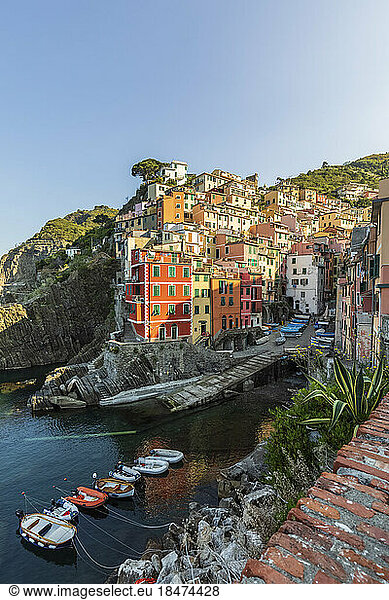 Italy  Liguria  Riomaggiore  Edge of coastal town along Cinque Terre
