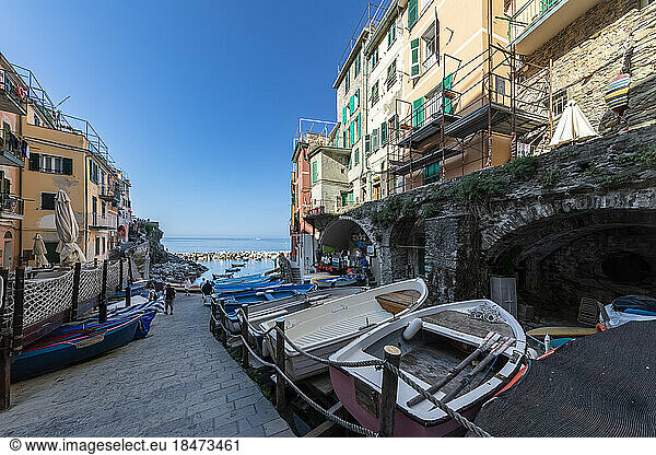 Italy  Liguria  Riomaggiore  Marina of coastal town along Cinque Terre