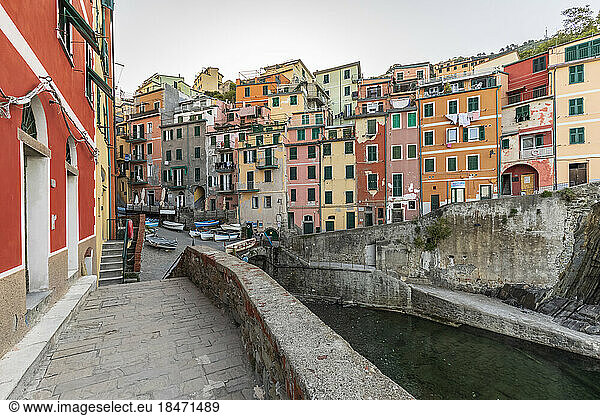 Italy  Liguria  Riomaggiore  Waterfront row houses in historic town along Cinque Terre