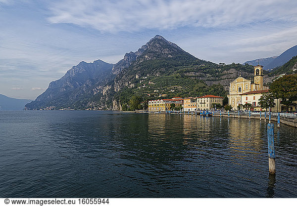 Italy  Lombardy  Marone  Lake Iseo with Corna Trentapassi mountain
