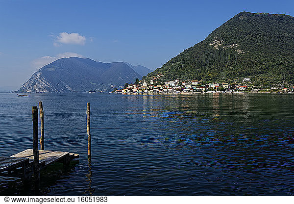 Italy  Lombardy  Monte Isola  Sulzano  Lake Iseo surrounded with mountains