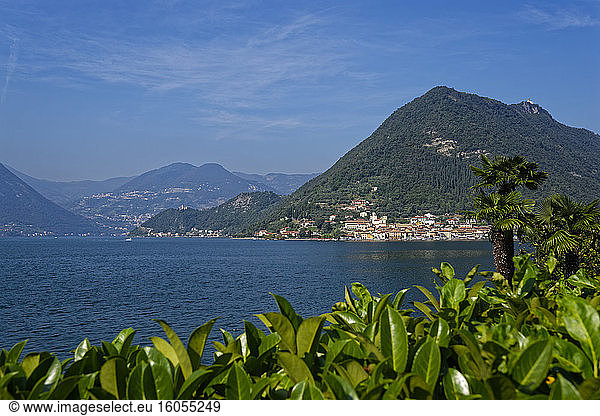 Italy  Lombardy  Monte Isola  Sulzano  Lake Iseo surrounded with mountains