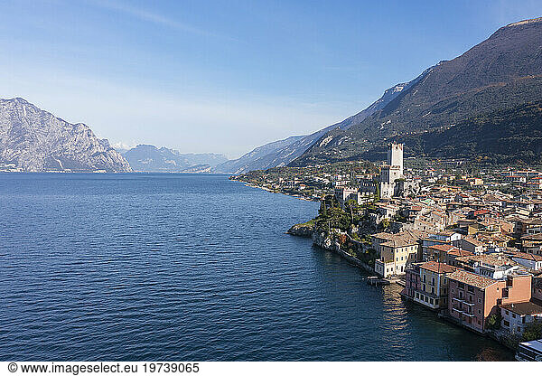 Italy  Malcesine  Aerial view of town on shore of Lake Garda