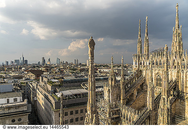 Italy  Milan  pinnacles and spires of Milan Cathedral and cityscape