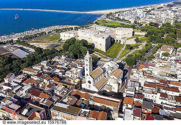 Italy  Province of Barletta-Andria-Trani  Barletta  Helicopter view of Barletta Cathedral with Castle of Barletta in background