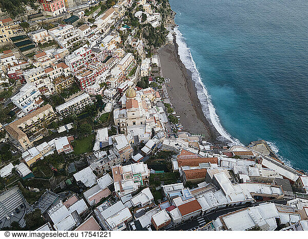 Italy  Province of Salerno  Positano  Drone view of hillside town on Amalfi Coast