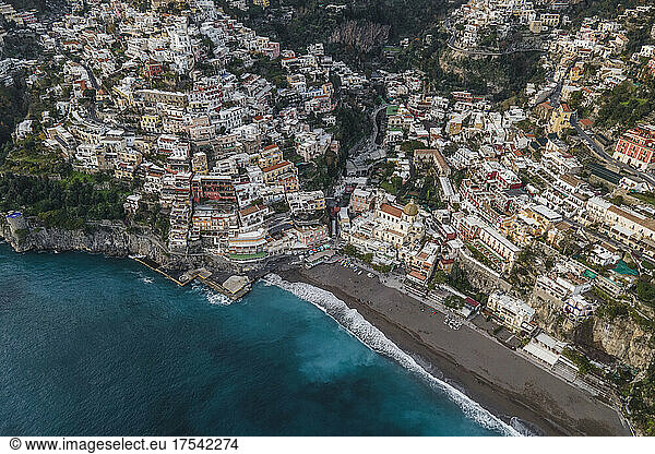 Italy  Province of Salerno  Positano  Drone view of hillside town on Amalfi Coast