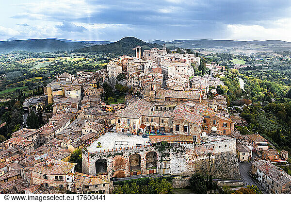 Italy  Province of Siena  Montepulciano  Helicopter view of medieval hill town in Val dOrcia