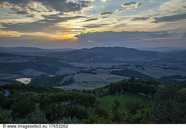 Italy  Province of Siena  Radicondoli  Tuscan countryside at sunset