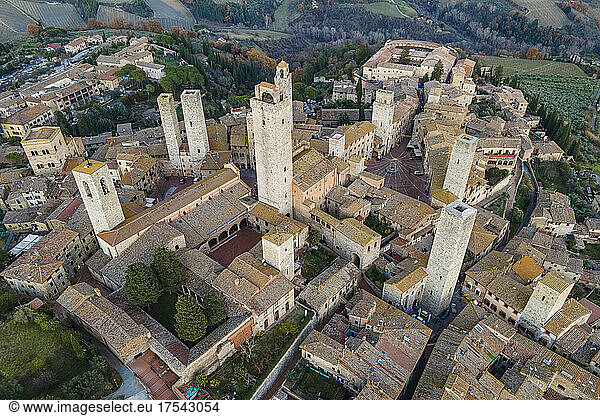 Italy  Province of Siena  San Gimignano  Drone view of old medieval town