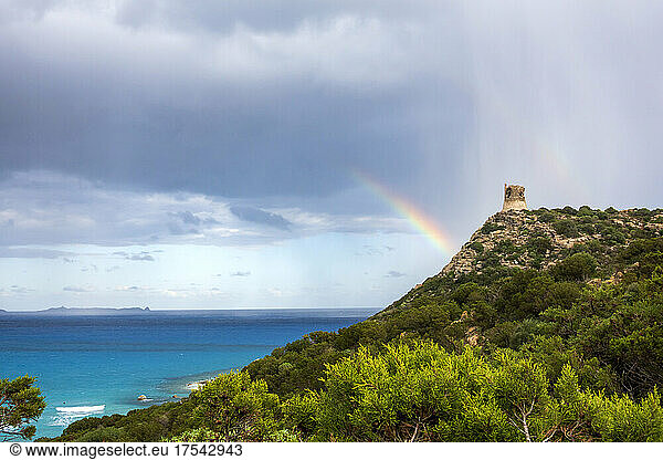 Italy  Province of South Sardinia  Villasimius  Double rainbow over Torre di Porto Giunco