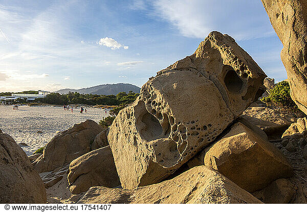 Italy  Province of South Sardinia  Villasimius  Eroded sandstone rock formations on beach