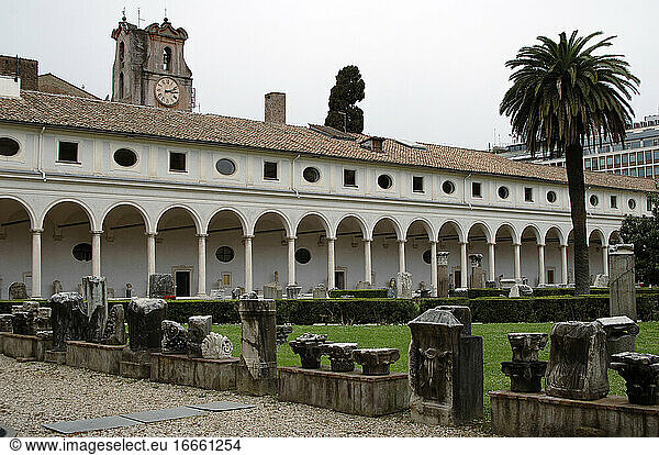 Italy. Rome. National Roman Museum (Baths of Diocletian). Partial view of the patio with archaeological remains.