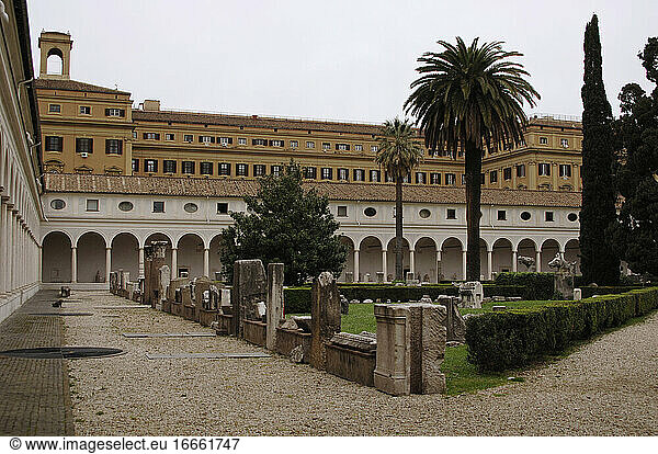 Italy. Rome. National Roman Museum (Baths of Diocletian). Partial view of the patio with archaeological remains.