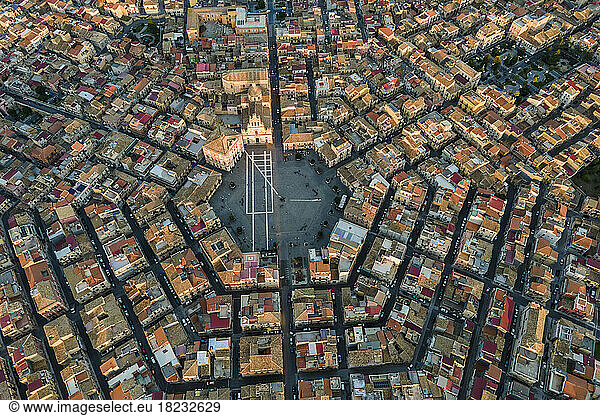 Italy  Sicily  Grammichele  Aerial townscape with Prince Carafa Square in center