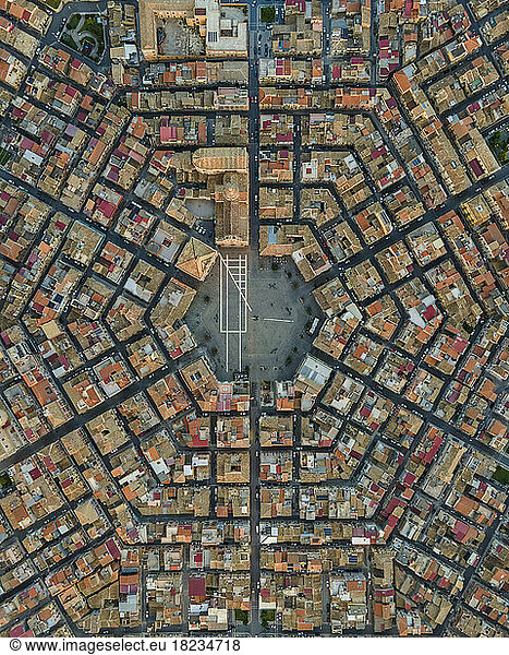 Italy  Sicily  Grammichele  Aerial townscape with Prince Carafa Square in center