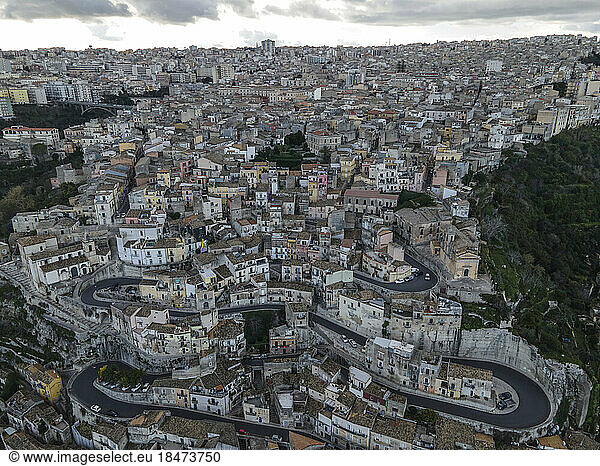 Italy  Sicily  Ragusa  Aerial view of hillside town at dusk