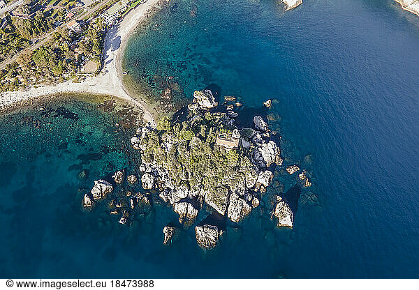 Italy  Sicily  Taormina  Aerial view of Isola Bella islet
