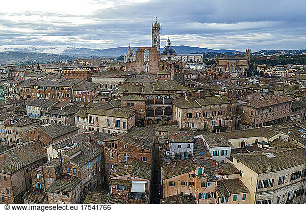 Italy  Siena  Drone view of historic old town with Siena Cathedral in background