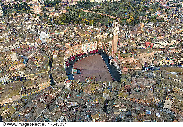 Italy  Siena  Drone view of historic Piazza del Campo at dusk