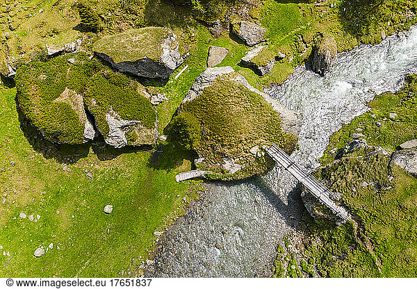 Italy  South Tyrol  Drone view of small bridge over Passer river