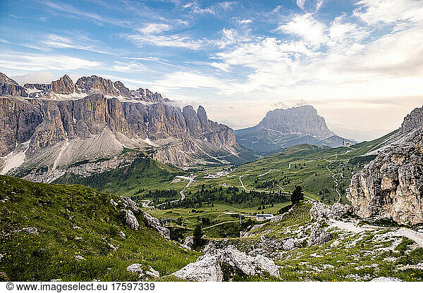 Italy  South Tyrol  Scenic view of valley surrounded by mountains of Sella and Langkofel group